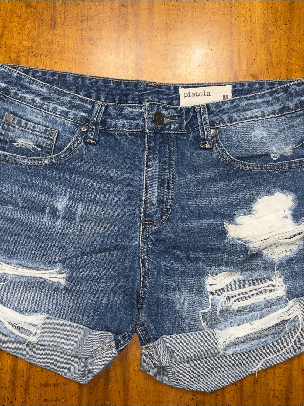 pistola Distressed Dark Blue Rolled Hem Jean Shorts